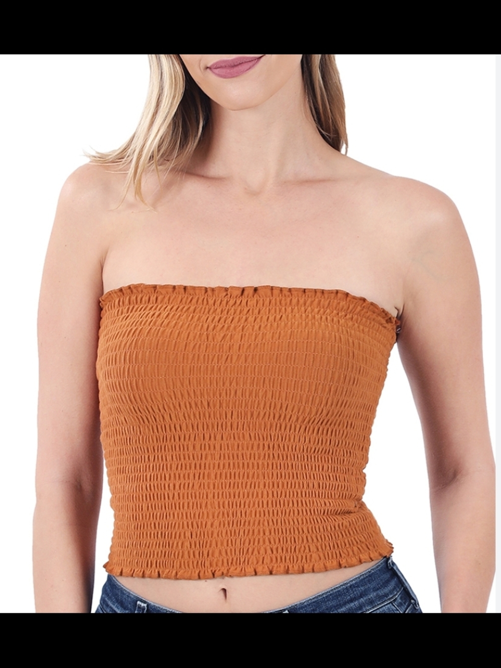 Zenana Women's Pleated Stapless Smocked Tube Crop Top Almond Sizes S,M,L,XL New